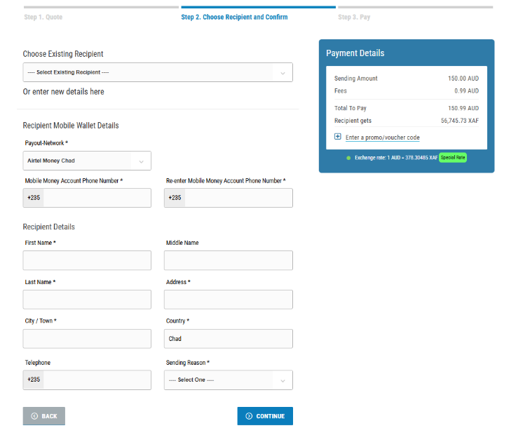 Enter the Recipient’s Mobile Wallet or Bank Account Details